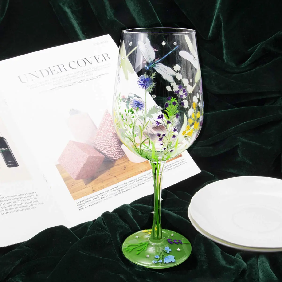 NymphFable Dragonfly Floral Hand-Painted Wine Glass Gift for Women, 15 oz | Artistic Hand-Painted Glassware - view 2