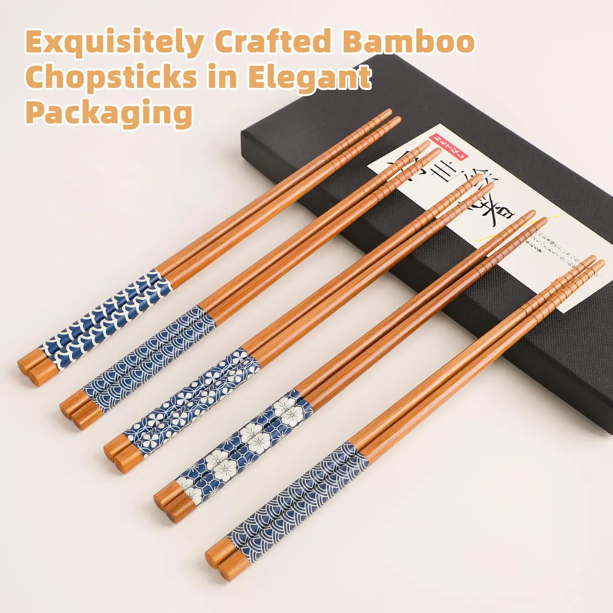 Antner Natural Bamboo Chopsticks 22.5 cm (8.8 Inch) | Japanese Style Print, 5 Pairs - view 5