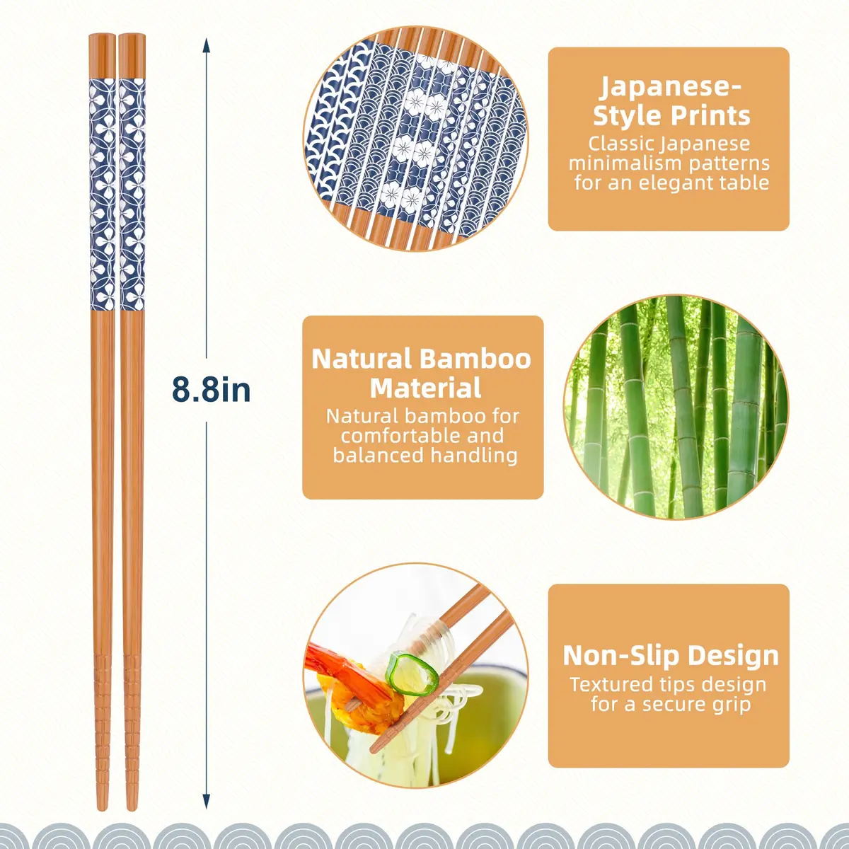 Antner Natural Bamboo Chopsticks 22.5 cm (8.8 Inch) | Japanese Style Print, 5 Pairs - view 2