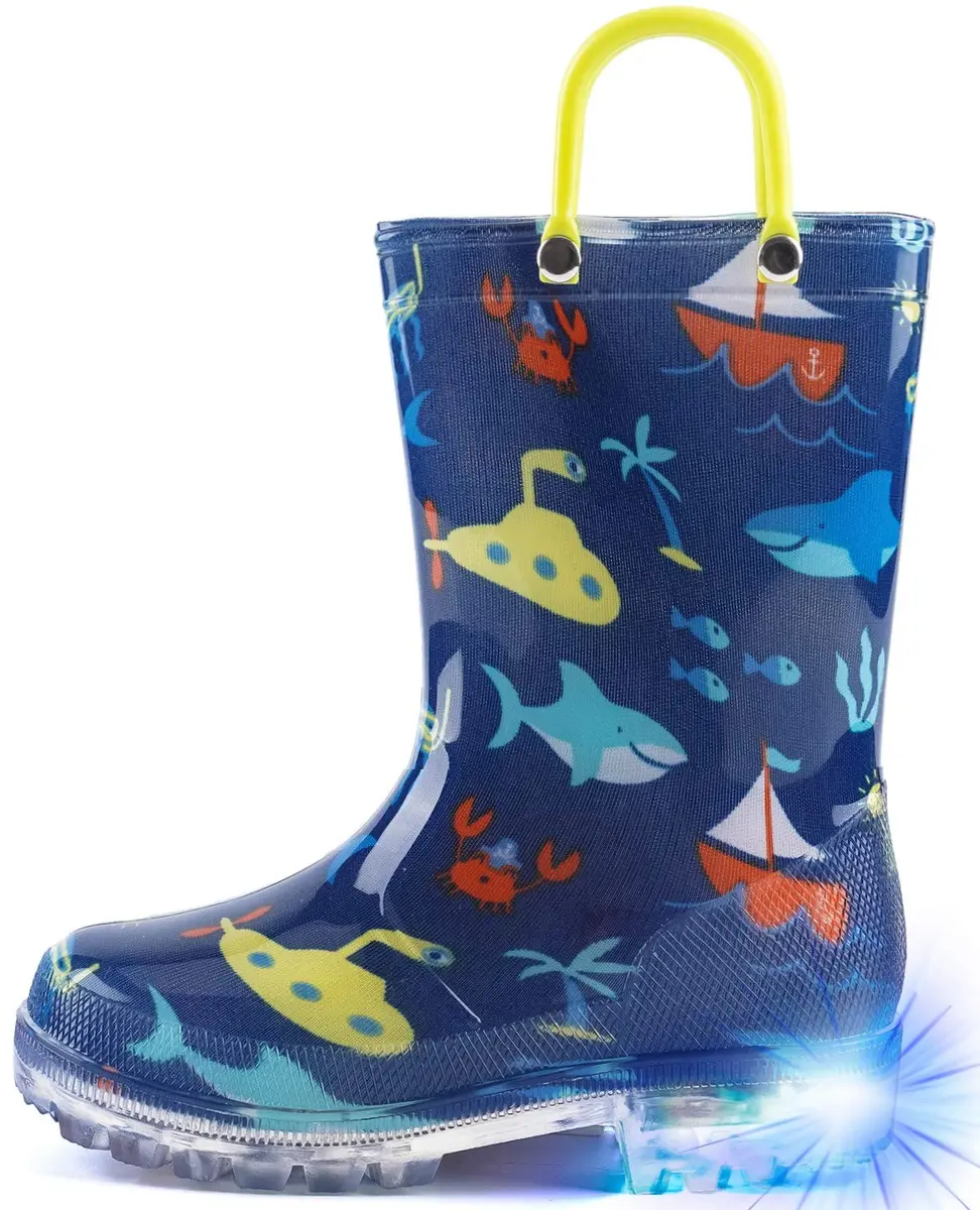 HugRain Boys Kids Rain Boots Size 3 | Light Up Waterproof Shark Ocean Blue (Lightweight, Easy-On Handles, Waterproof, 20mm Heel) - main product image