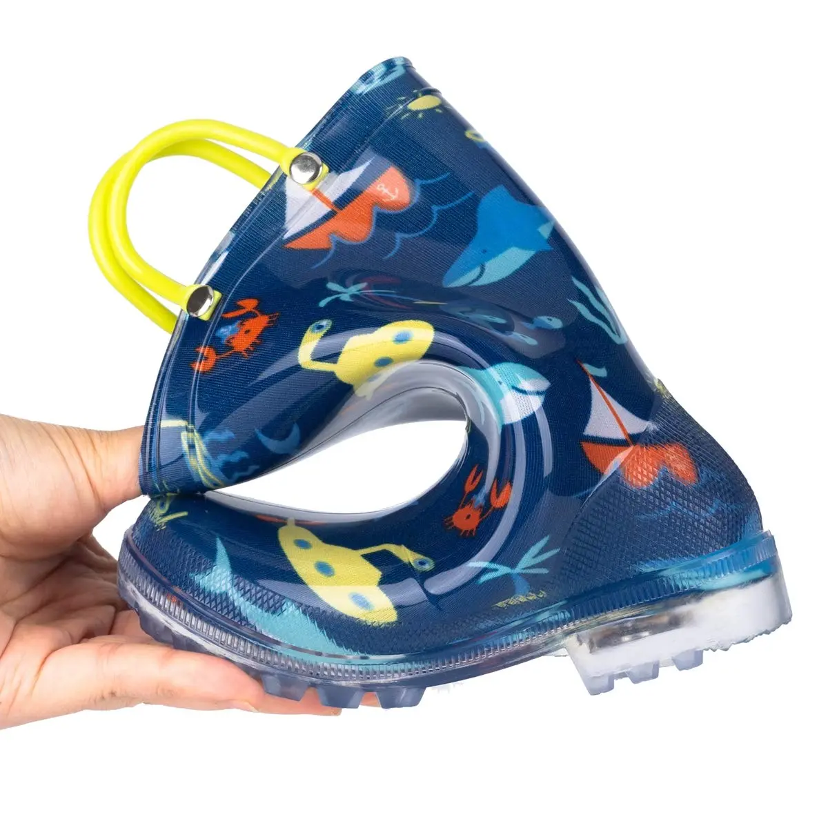 HugRain Boys Kids Rain Boots Size 3 | Light Up Waterproof Shark Ocean Blue (Lightweight, Easy-On Handles, Waterproof, 20mm Heel) - view 2