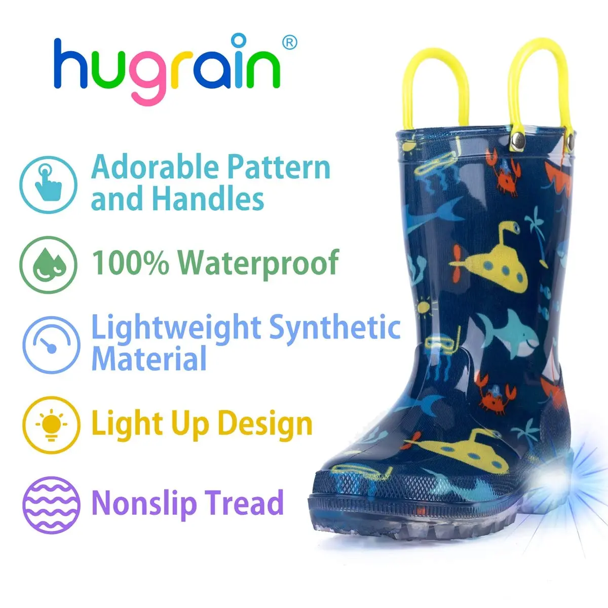 HugRain Boys Kids Rain Boots Size 3 | Light Up Waterproof Shark Ocean Blue (Lightweight, Easy-On Handles, Waterproof, 20mm Heel) - view 3