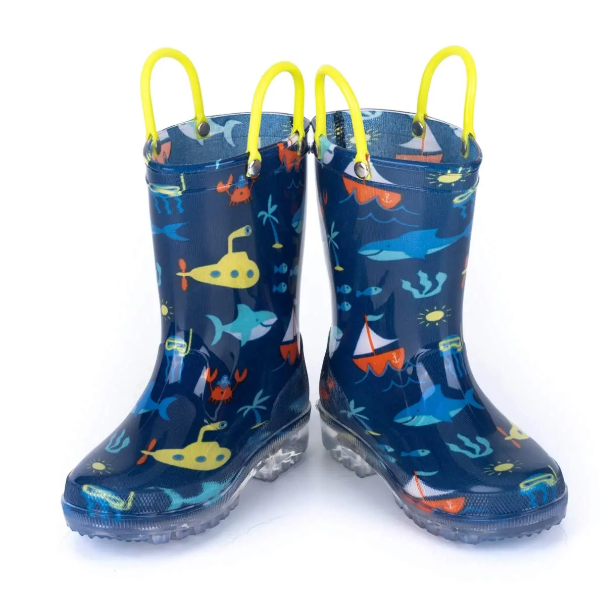 HugRain Boys Kids Rain Boots Size 3 | Light Up Waterproof Shark Ocean Blue (Lightweight, Easy-On Handles, Waterproof, 20mm Heel) - view 4
