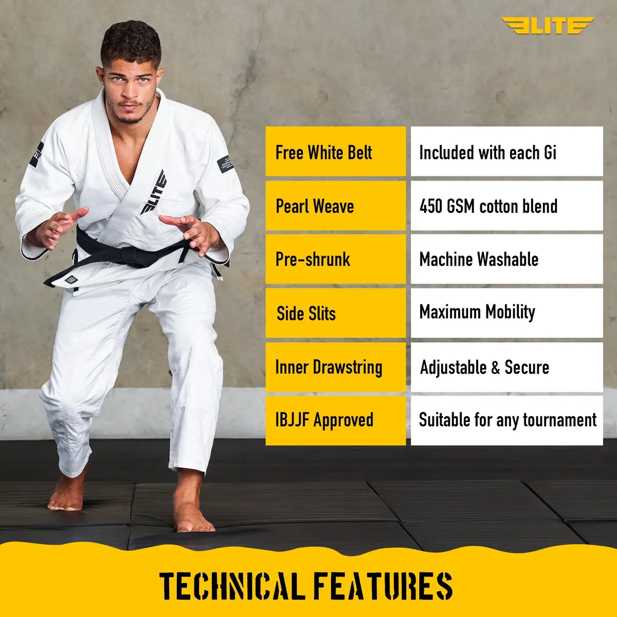 Elite Sports BJJ GI for Men - Premium White, Size 1 (A1) | IBJJF Approved Kimono with Free White Belt - view 5