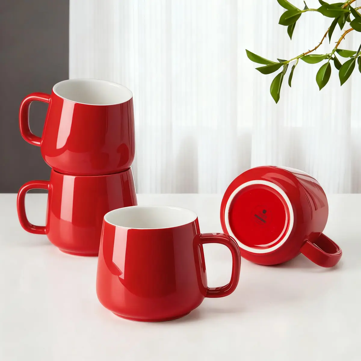 Teocera Ceramic Coffee Mug Set of 4 - 355ml (12 oz) Red | Large Handles for Hot & Cold Drinks - main product image
