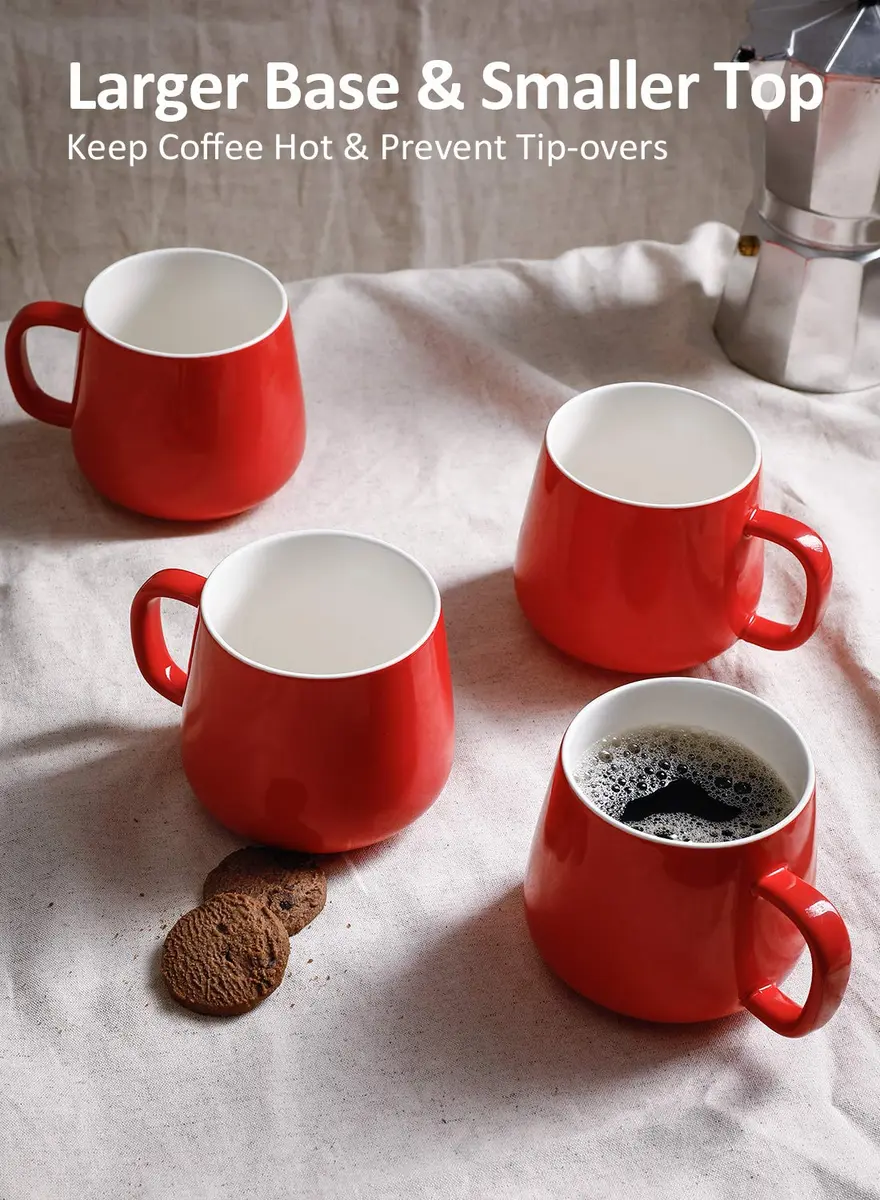 Teocera Ceramic Coffee Mug Set of 4 - 355ml (12 oz) Red | Large Handles for Hot & Cold Drinks - view 6