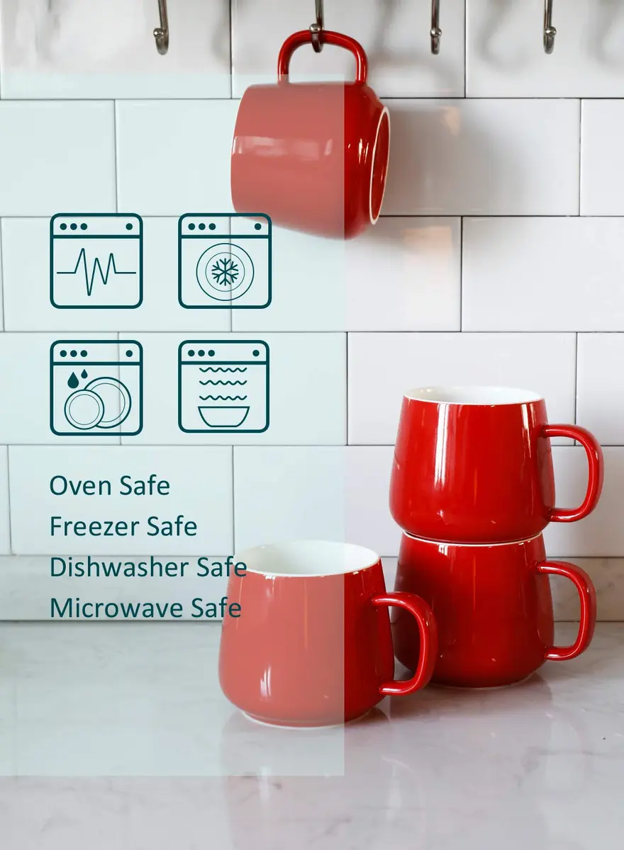 Teocera Ceramic Coffee Mug Set of 4 - 355ml (12 oz) Red | Large Handles for Hot & Cold Drinks - view 9