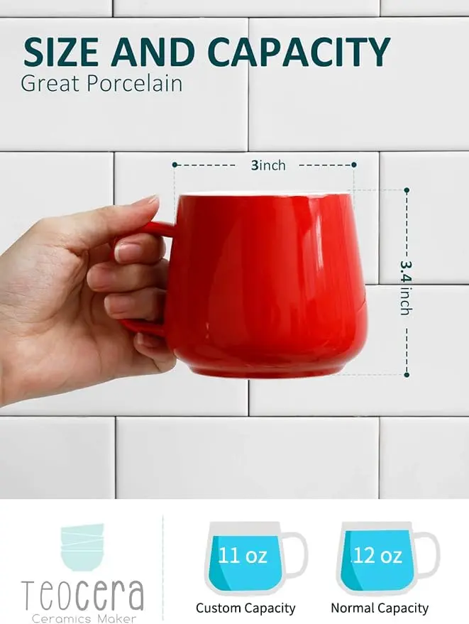 Teocera Ceramic Coffee Mug Set of 4 - 355ml (12 oz) Red | Large Handles for Hot & Cold Drinks - view 3
