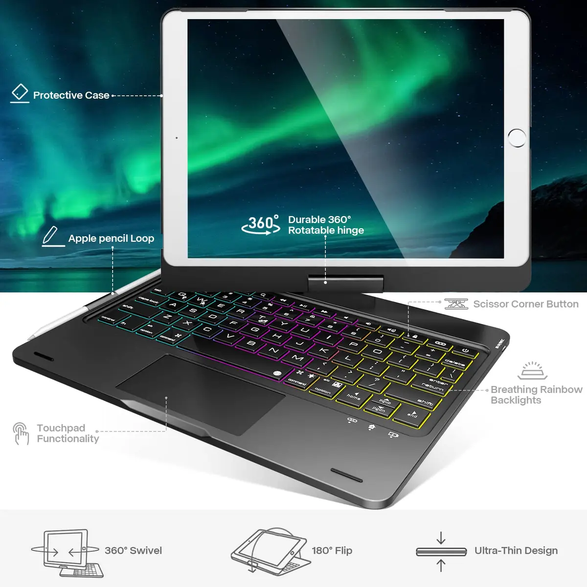 NOKBABO Black Keyboard Case for iPad 9th/8th/7th Gen 10.2" & iPad Air 3rd Gen/Pro 10.5" with Rotatable Touchpad & Backlight - view 8