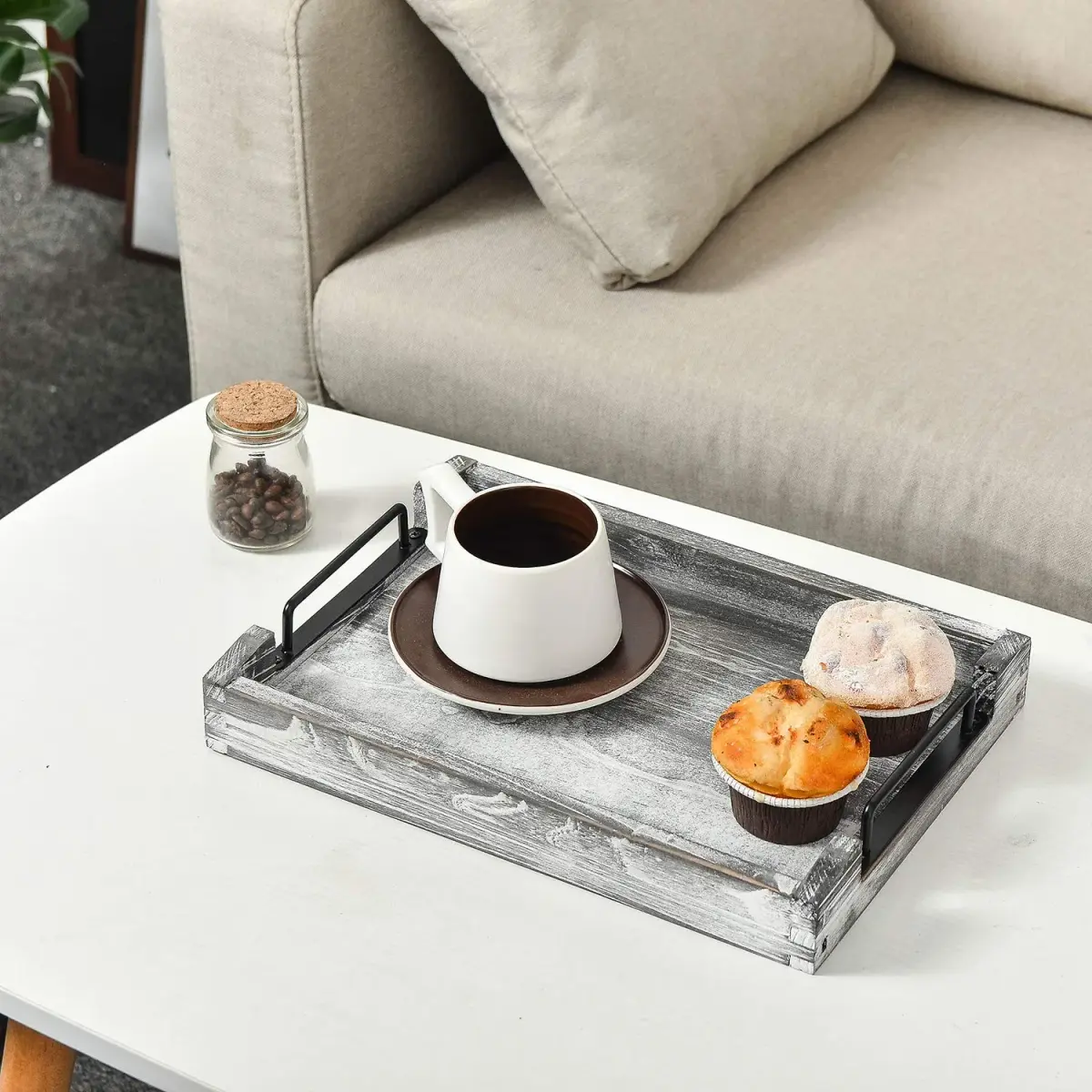 VERGOODR Country Rustic Torched Wood Nesting Serving Trays with Handles, Set of 3 | 32cm (12.5") x 23cm (9") x 5cm (2") - view 5