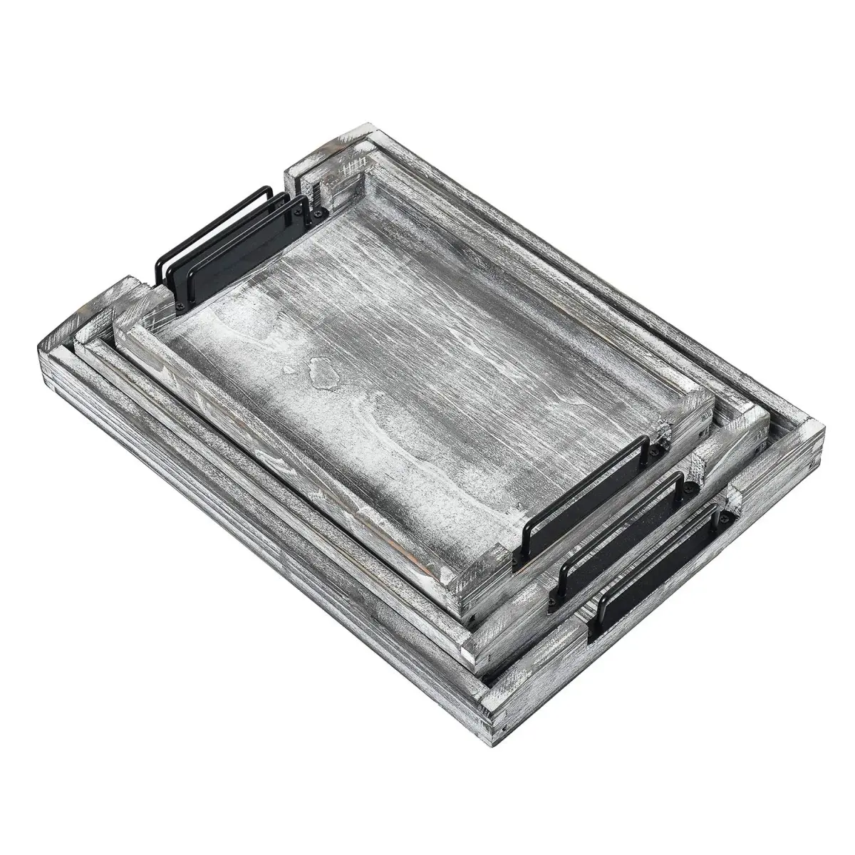 VERGOODR Country Rustic Torched Wood Nesting Serving Trays with Handles, Set of 3 | 32cm (12.5") x 23cm (9") x 5cm (2") - view 6