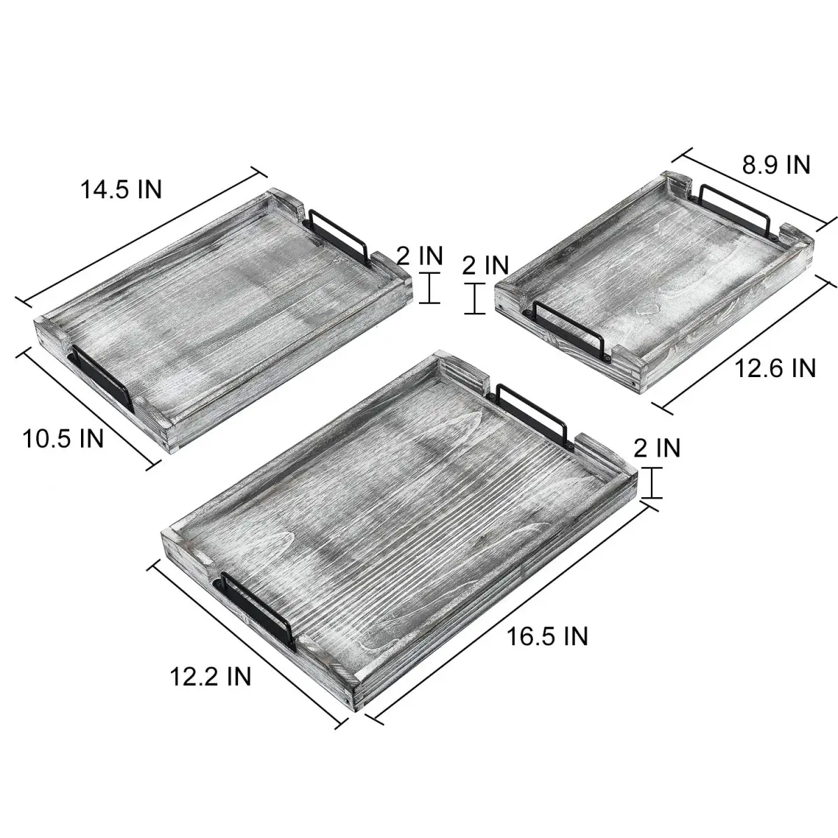 VERGOODR Country Rustic Torched Wood Nesting Serving Trays with Handles, Set of 3 | 32cm (12.5") x 23cm (9") x 5cm (2") - view 2