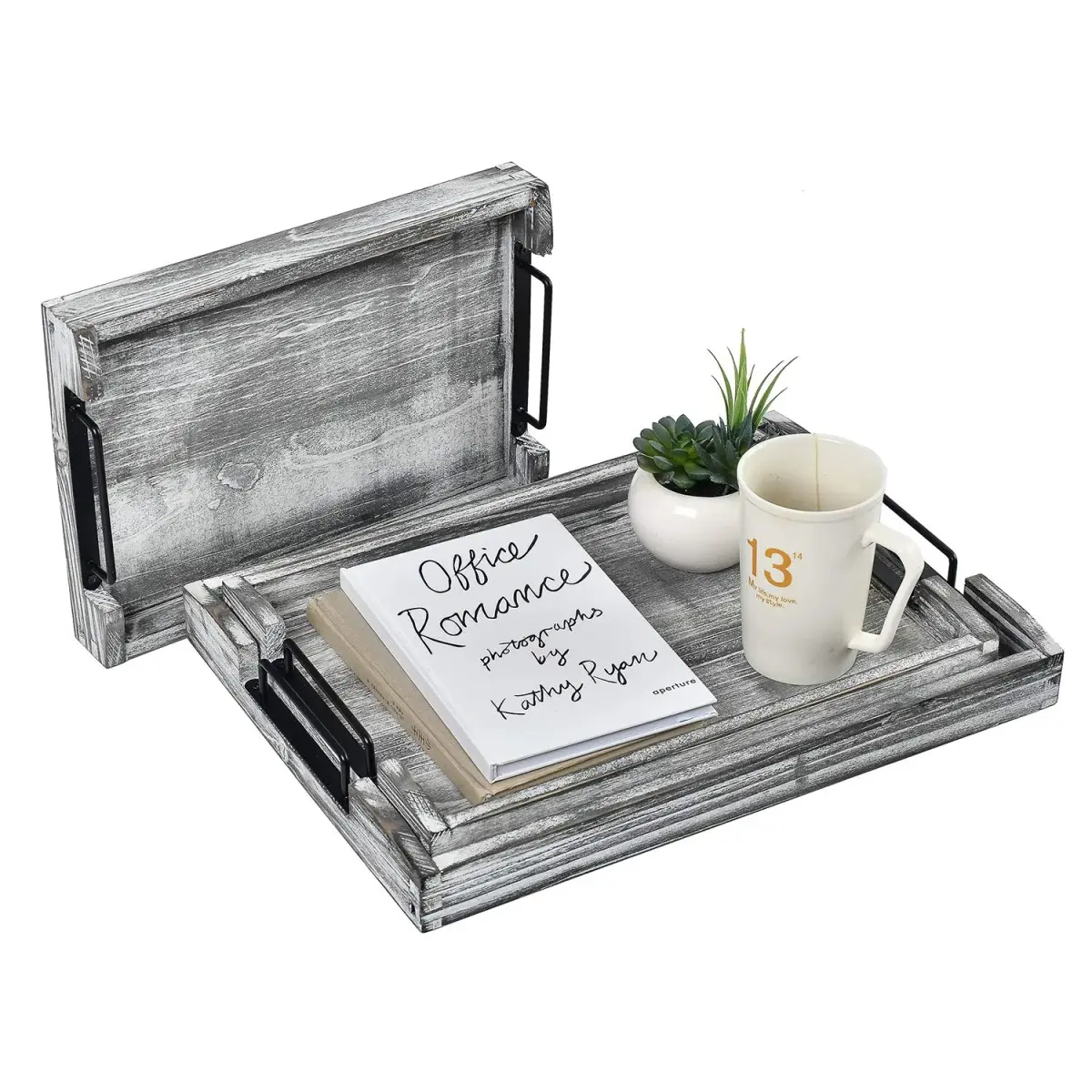 VERGOODR Country Rustic Torched Wood Nesting Serving Trays with Handles, Set of 3 | 32cm (12.5") x 23cm (9") x 5cm (2") - view 3