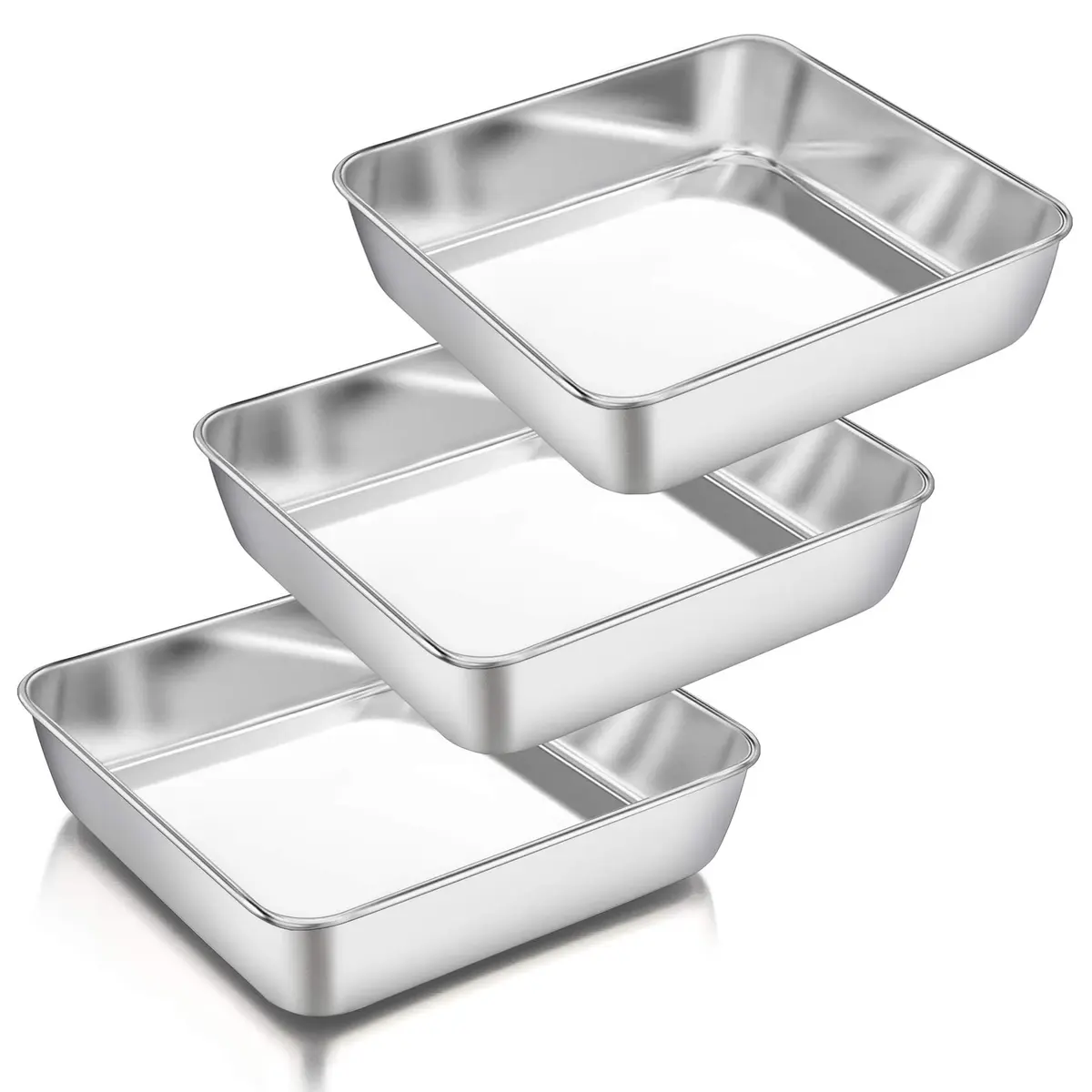 P&P CHEF Square Baking Pan Set 8.3x8.3x2 inches (21x21x5 cm) | 3-Piece Stainless Steel Brownie Pan - main product image