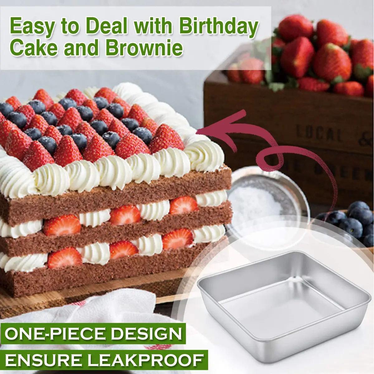 P&P CHEF Square Baking Pan Set 8.3x8.3x2 inches (21x21x5 cm) | 3-Piece Stainless Steel Brownie Pan - view 7