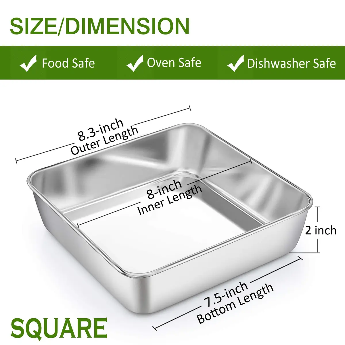 P&P CHEF Square Baking Pan Set 8.3x8.3x2 inches (21x21x5 cm) | 3-Piece Stainless Steel Brownie Pan - view 2
