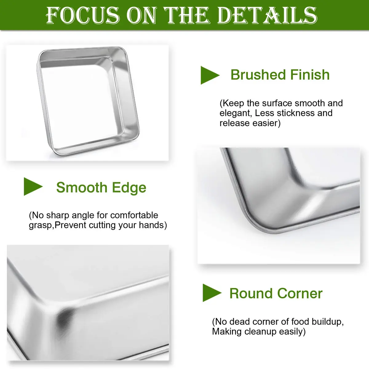 P&P CHEF Square Baking Pan Set 8.3x8.3x2 inches (21x21x5 cm) | 3-Piece Stainless Steel Brownie Pan - view 3