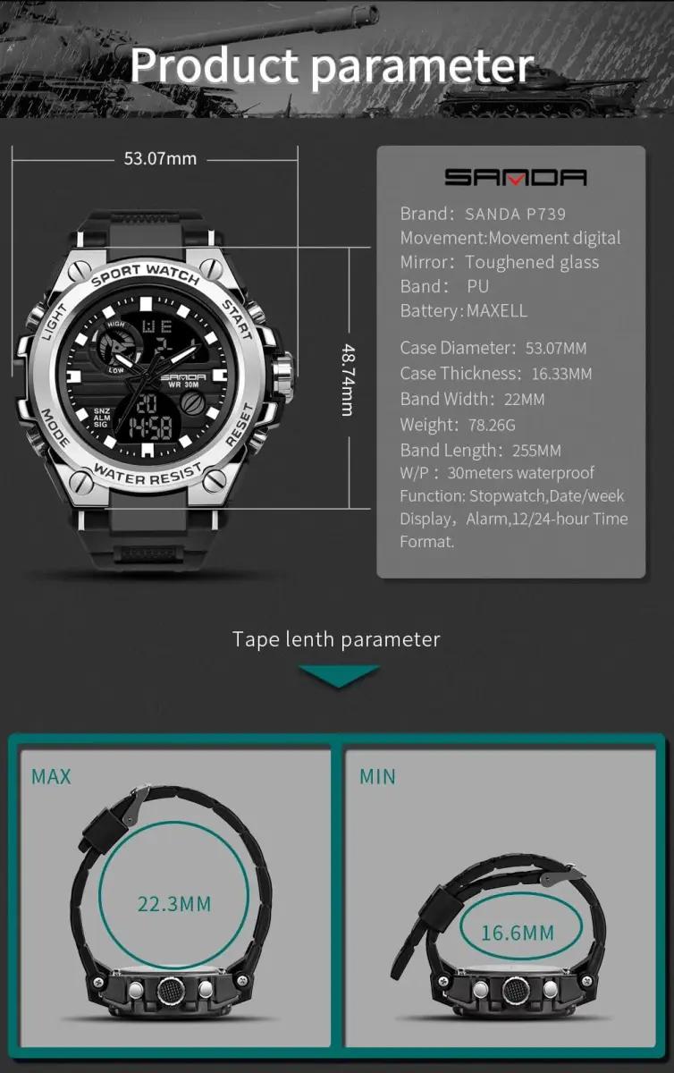 AIMES Men's Sport Watch 53mm (2.1 inch) | Dual Time Zone Military Watch with LED Alarm & Stopwatch - view 6