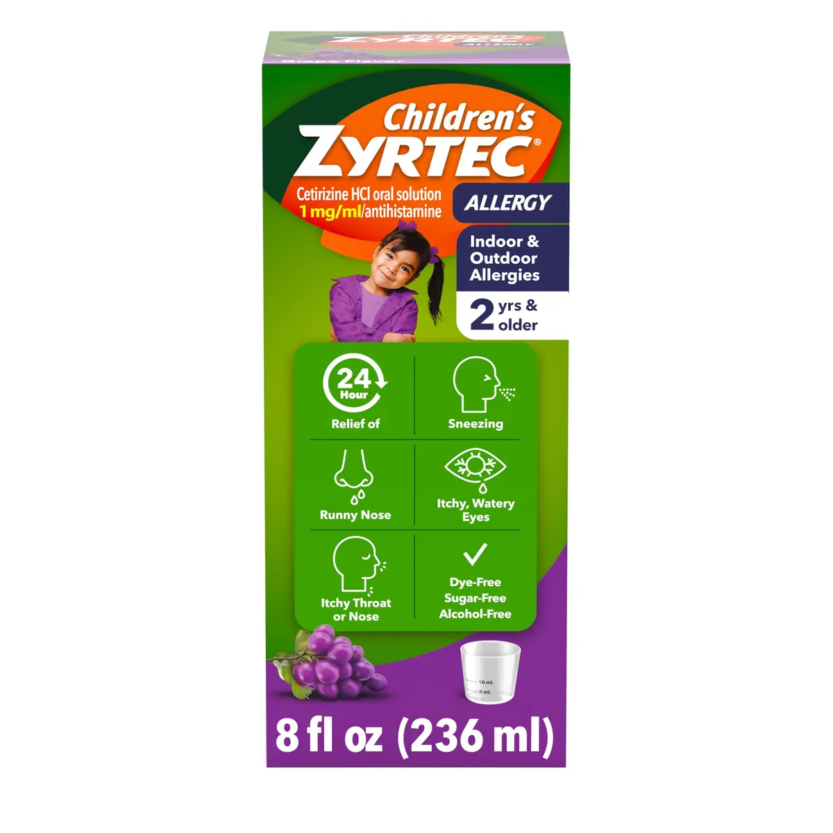 Zyrtec Children's Allergy Relief Syrup 8 fl. oz | Grape Flavor, 5 mg Cetirizine, Dye-Free, Sugar-Free, 24-Hour Relief, For Kids 2+ - main product image