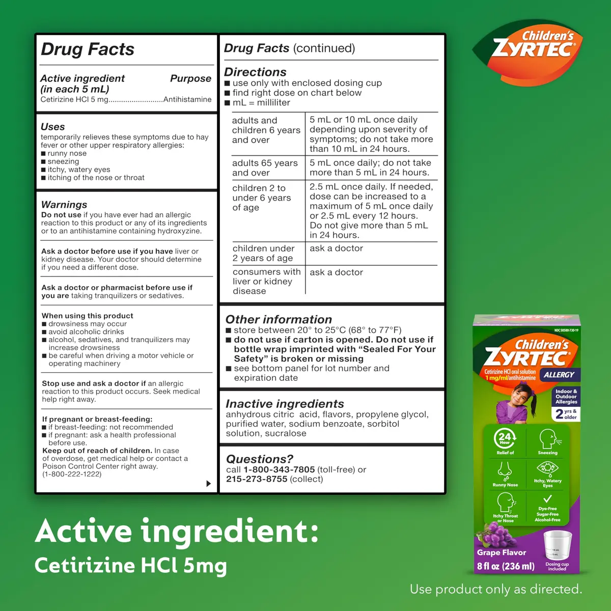 Zyrtec Children's Allergy Relief Syrup 8 fl. oz | Grape Flavor, 5 mg Cetirizine, Dye-Free, Sugar-Free, 24-Hour Relief, For Kids 2+ - view 7