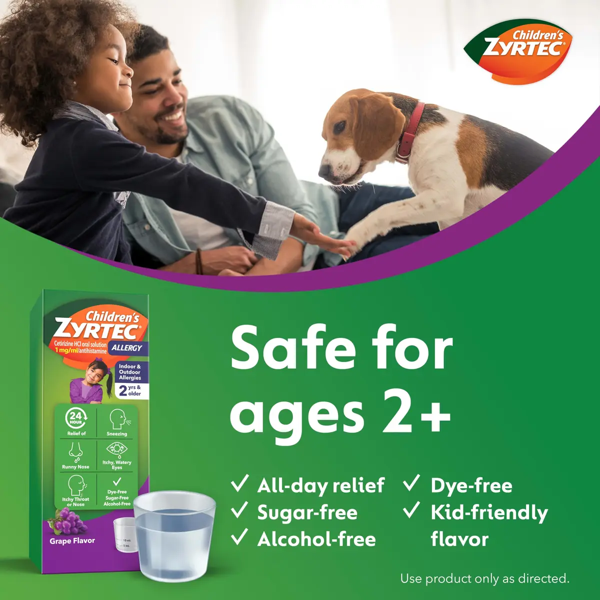 Zyrtec Children's Allergy Relief Syrup 8 fl. oz | Grape Flavor, 5 mg Cetirizine, Dye-Free, Sugar-Free, 24-Hour Relief, For Kids 2+ - view 4