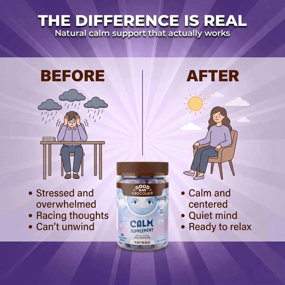 Good Day Chocolate Natural Calming Supplement for Adults, 50 Pieces | Magnesium & Chamomile Blend for Stress Relief - view 6