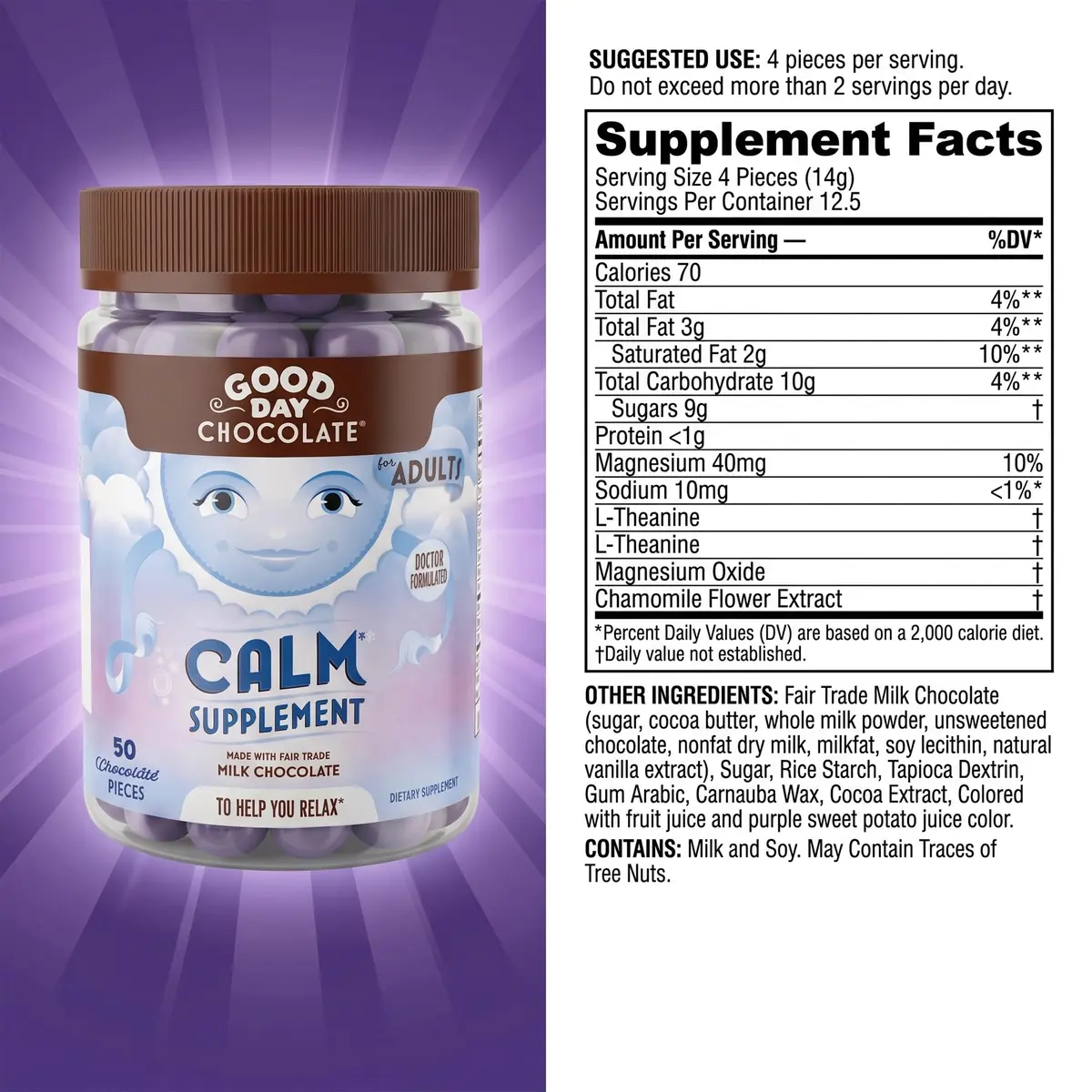 Good Day Chocolate Natural Calming Supplement for Adults, 50 Pieces | Magnesium & Chamomile Blend for Stress Relief - view 2