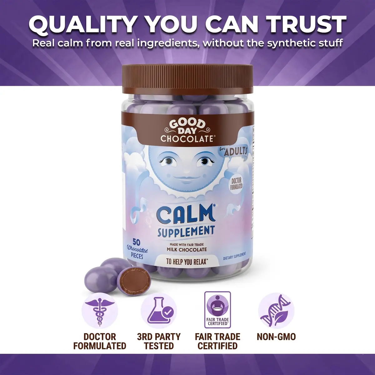 Good Day Chocolate Natural Calming Supplement for Adults, 50 Pieces | Magnesium & Chamomile Blend for Stress Relief - view 4
