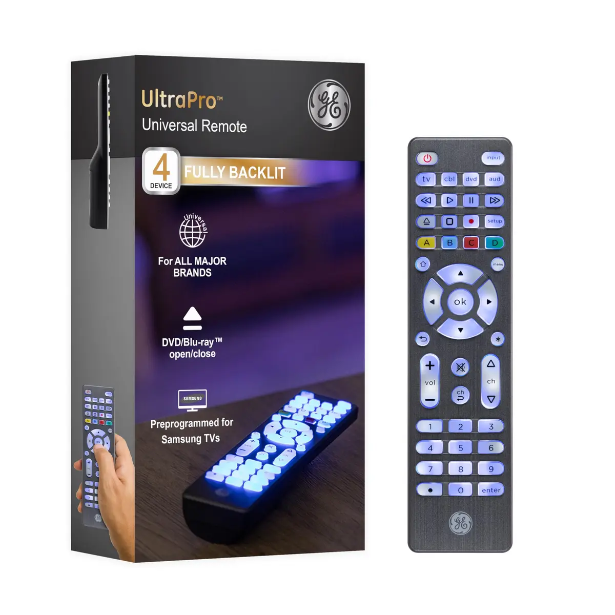 GE 4-Device Backlit Universal Remote Control | Samsung TV Compatible, Graphite, 1 Pack - main product image