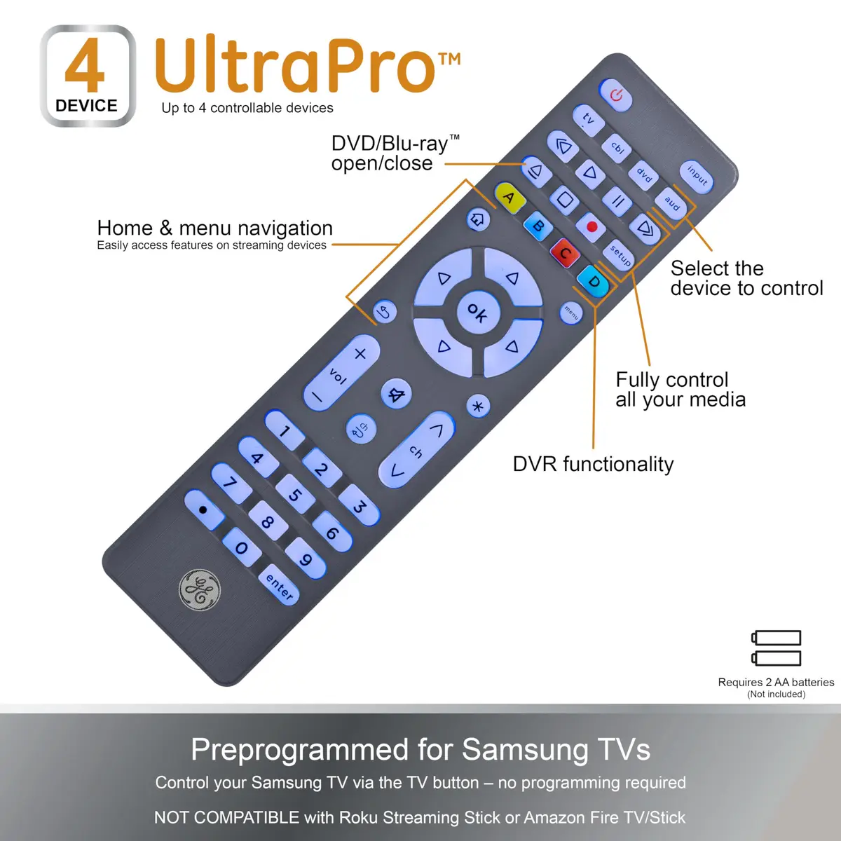 GE 4-Device Backlit Universal Remote Control | Samsung TV Compatible, Graphite, 1 Pack - view 3