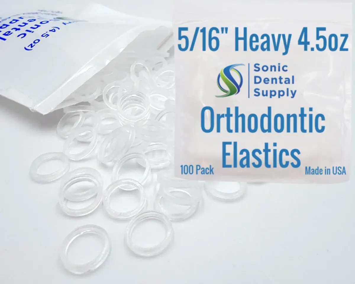 Sonic Dental Supply Clear 4.5 oz Orthodontic Elastic Rubber Bands 100 Pack (5/16 inch) | Latex-Free, Heavy Force - main product image