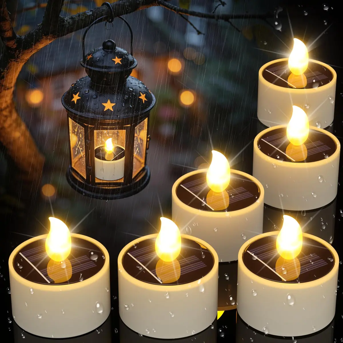 PChero Solar Tea Lights Outdoor, 6 Pack, IP65 Waterproof, Dusk to Dawn Flameless Flickering LED Candles, 2" Votive Size, Warm White Glow | 5.08cm (2") - main product image