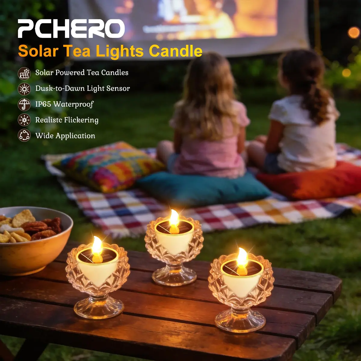 PChero Solar Tea Lights Outdoor, 6 Pack, IP65 Waterproof, Dusk to Dawn Flameless Flickering LED Candles, 2" Votive Size, Warm White Glow | 5.08cm (2") - view 2