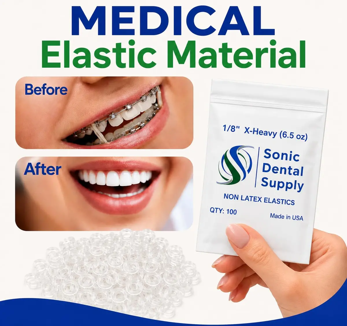 Sonic Dental Supply Clear Elastic Rubber Bands 1/4 inch Heavy 4.5 oz (100 Pack) | Latex-Free Orthodontic Bands for Braces, Hair Braids, Crafts - view 6