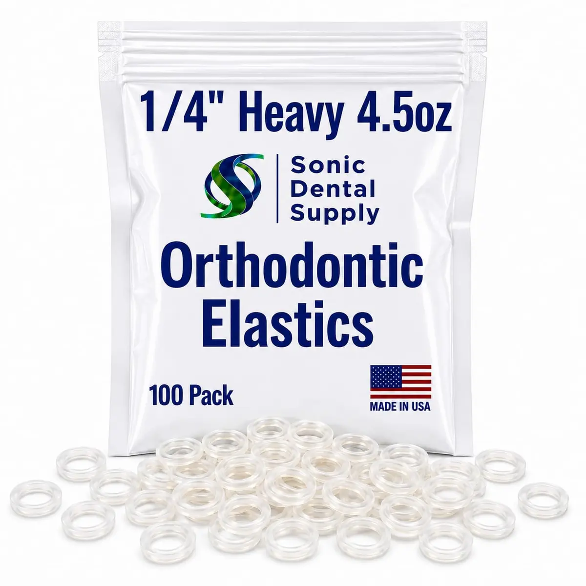 Sonic Dental Supply Clear Elastic Rubber Bands 1/4 inch Heavy 4.5 oz (100 Pack) | Latex-Free Orthodontic Bands for Braces, Hair Braids, Crafts - main product image