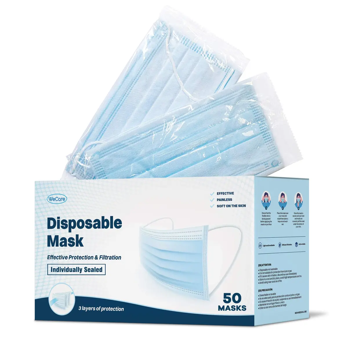 WECARE Disposable Face Mask Individually Wrapped - 50 Pack, Blue Masks 3 Ply | Comfortable, Breathable & Latex-Free - main product image
