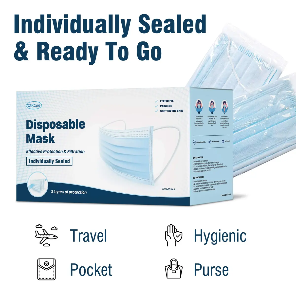 WECARE Disposable Face Mask Individually Wrapped - 50 Pack, Blue Masks 3 Ply | Comfortable, Breathable & Latex-Free - view 2