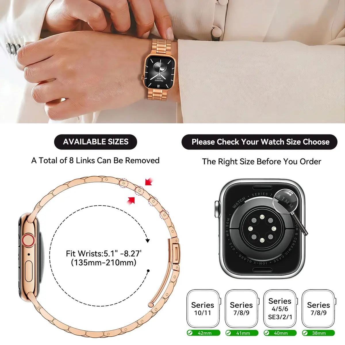 Bestig Stainless Steel Metal Band Compatible with Apple Watch 38mm/40mm/41mm/42mm | Rose Gold 5-Bead Bracelet - view 6