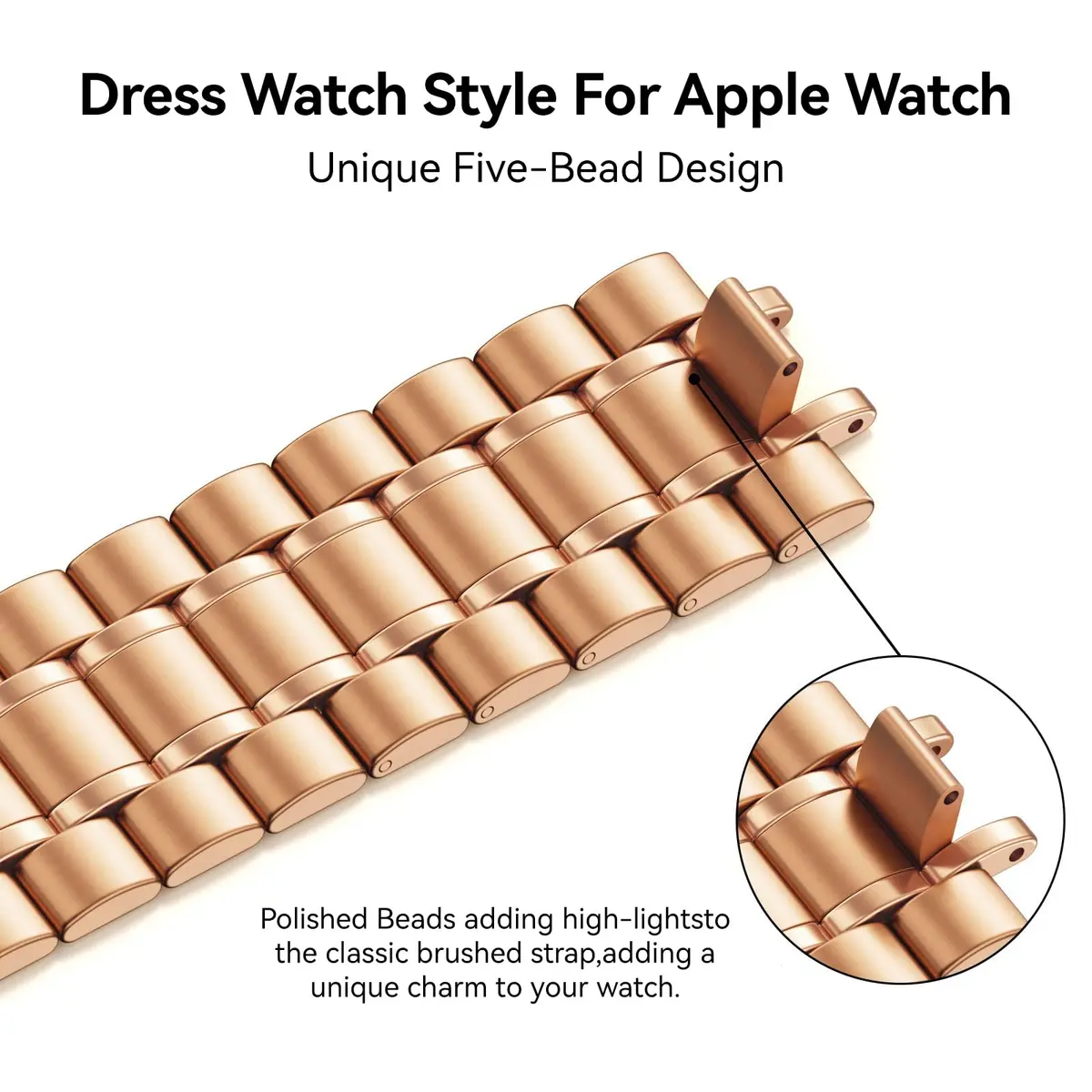 Bestig Stainless Steel Metal Band Compatible with Apple Watch 38mm/40mm/41mm/42mm | Rose Gold 5-Bead Bracelet - view 2