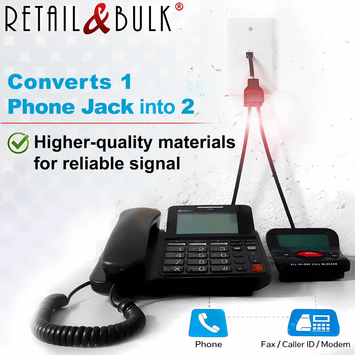 RetailAndBulk Phone Jack Splitter for Landline RJ11 6P4C | Reliable 2-Way Adapter with Custom Cables (en_US) - view 3