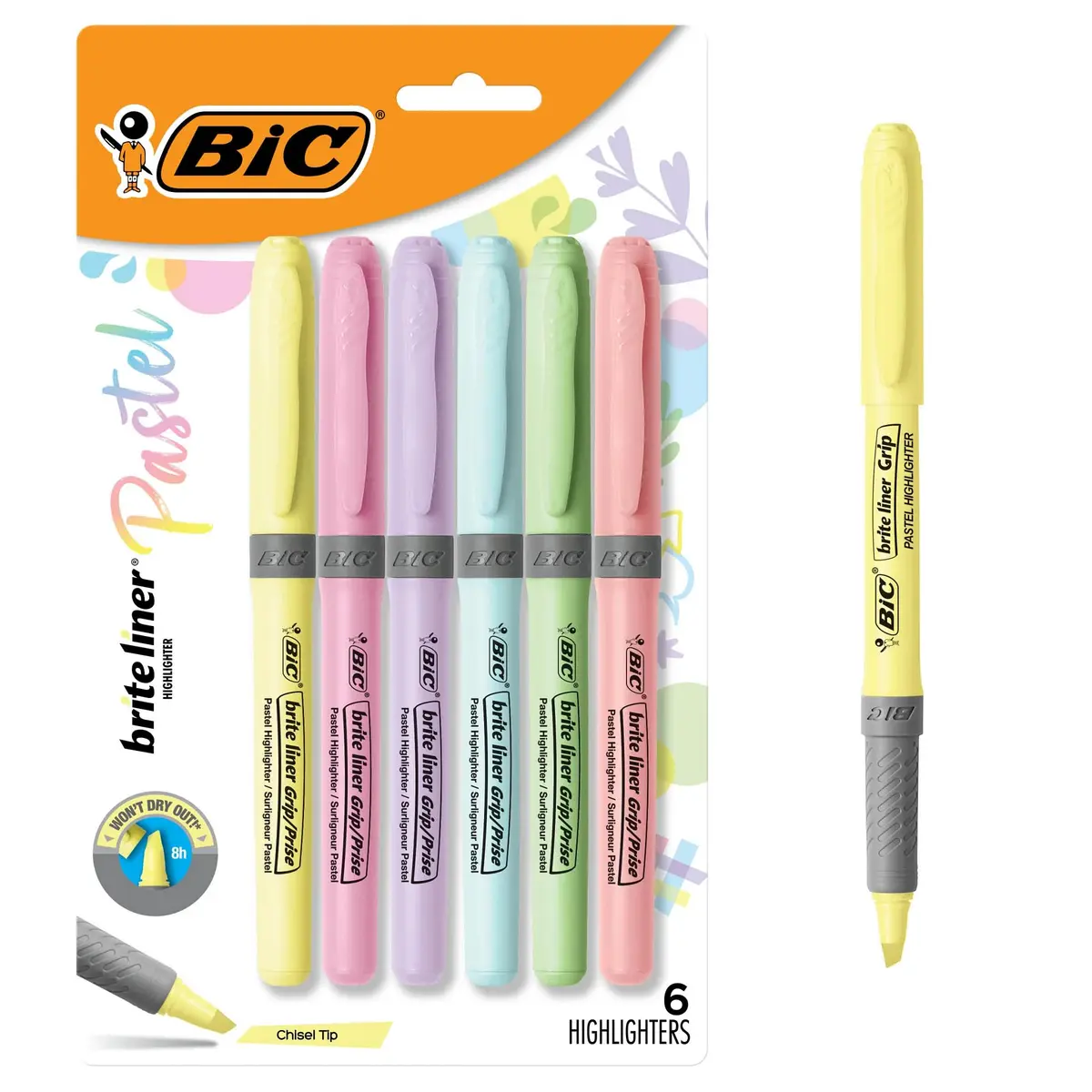 BIC Brite Liner Grip Pastel Highlighter Set, Chisel Tip, 6-Count Pack | Smooth Ink Flow Marking Pen - main product image
