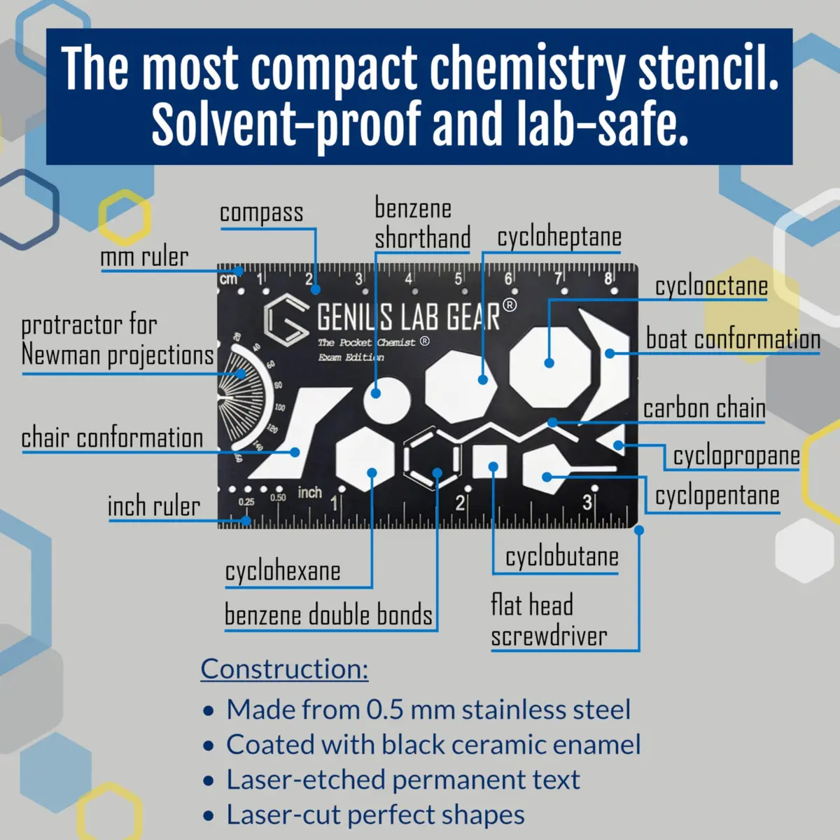 Genius Lab Gear Pocket Chemist Exam Edition: Organic Chemistry Metal Stencil Template 3 in. | Precision Lab Tool for Students & Chemists - view 6