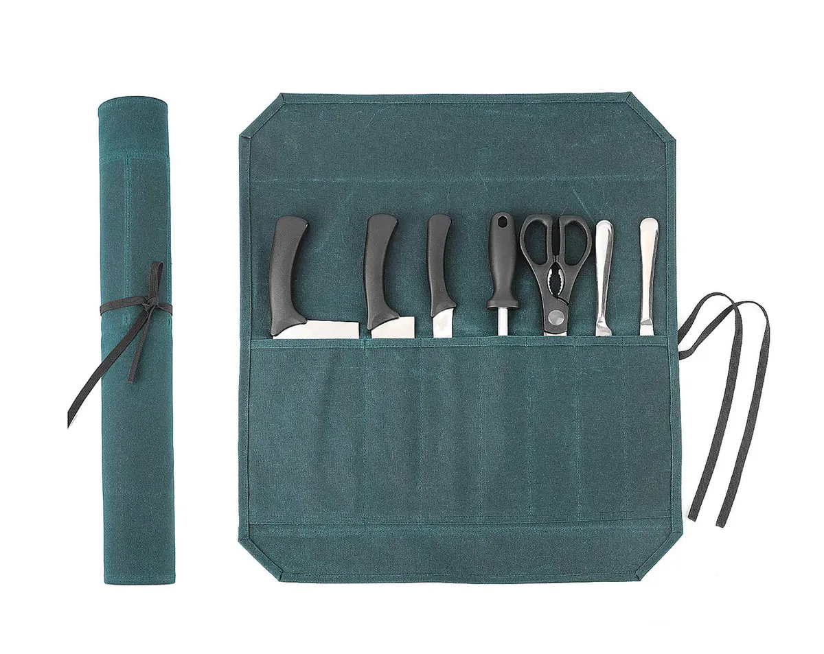 Denifiter Heavy Duty Waxed Canvas Chef Knife Roll Bag with 7 Slots & 17" Capacity | Waterproof & Durable Dark Green - main product image