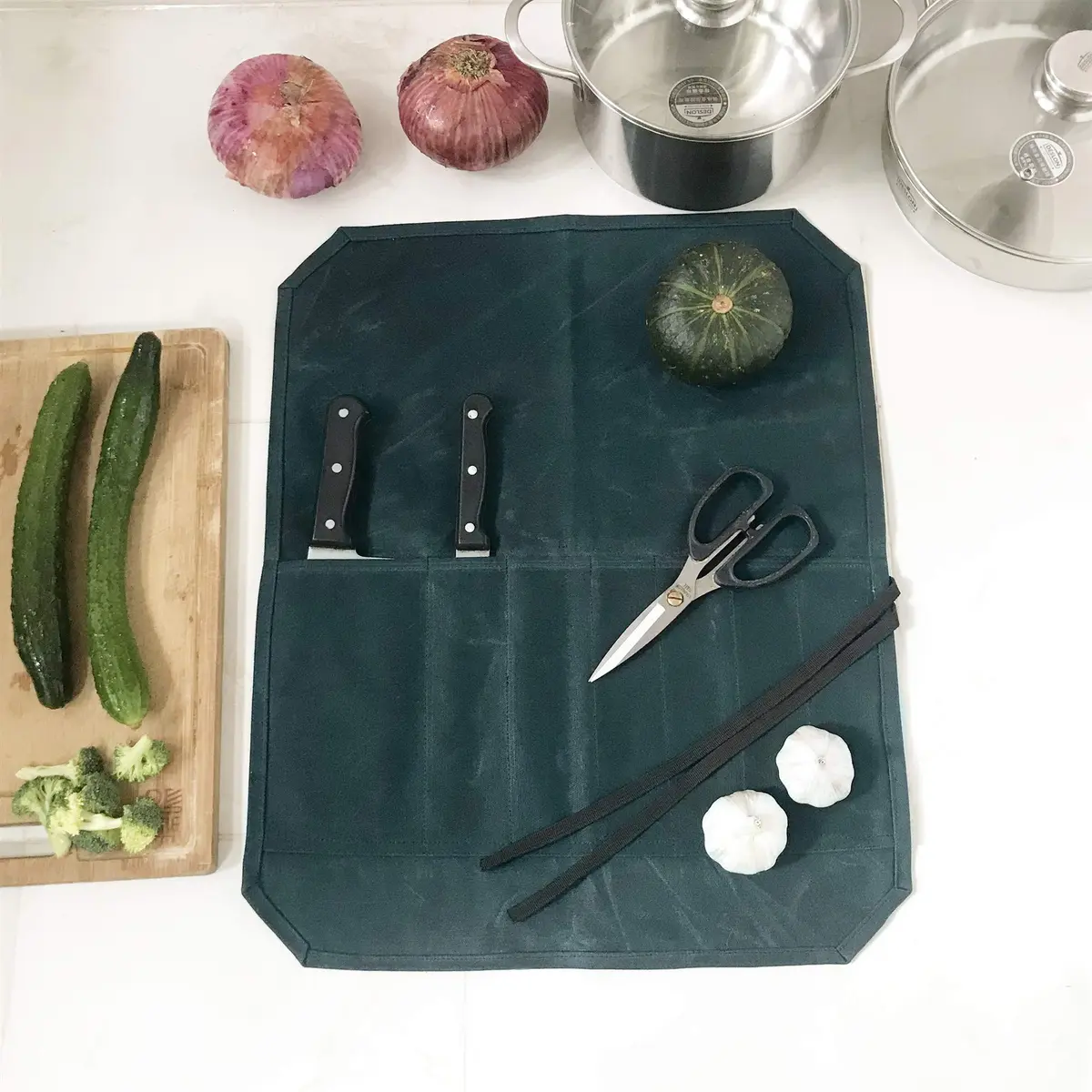 Denifiter Heavy Duty Waxed Canvas Chef Knife Roll Bag with 7 Slots & 17" Capacity | Waterproof & Durable Dark Green - view 5