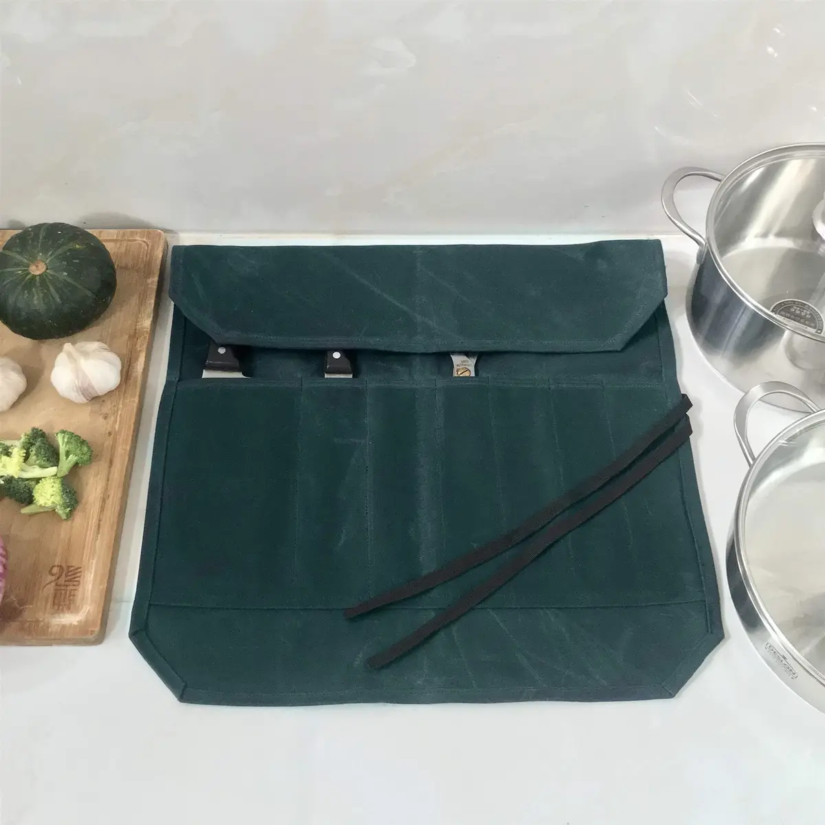 Denifiter Heavy Duty Waxed Canvas Chef Knife Roll Bag with 7 Slots & 17" Capacity | Waterproof & Durable Dark Green - view 6