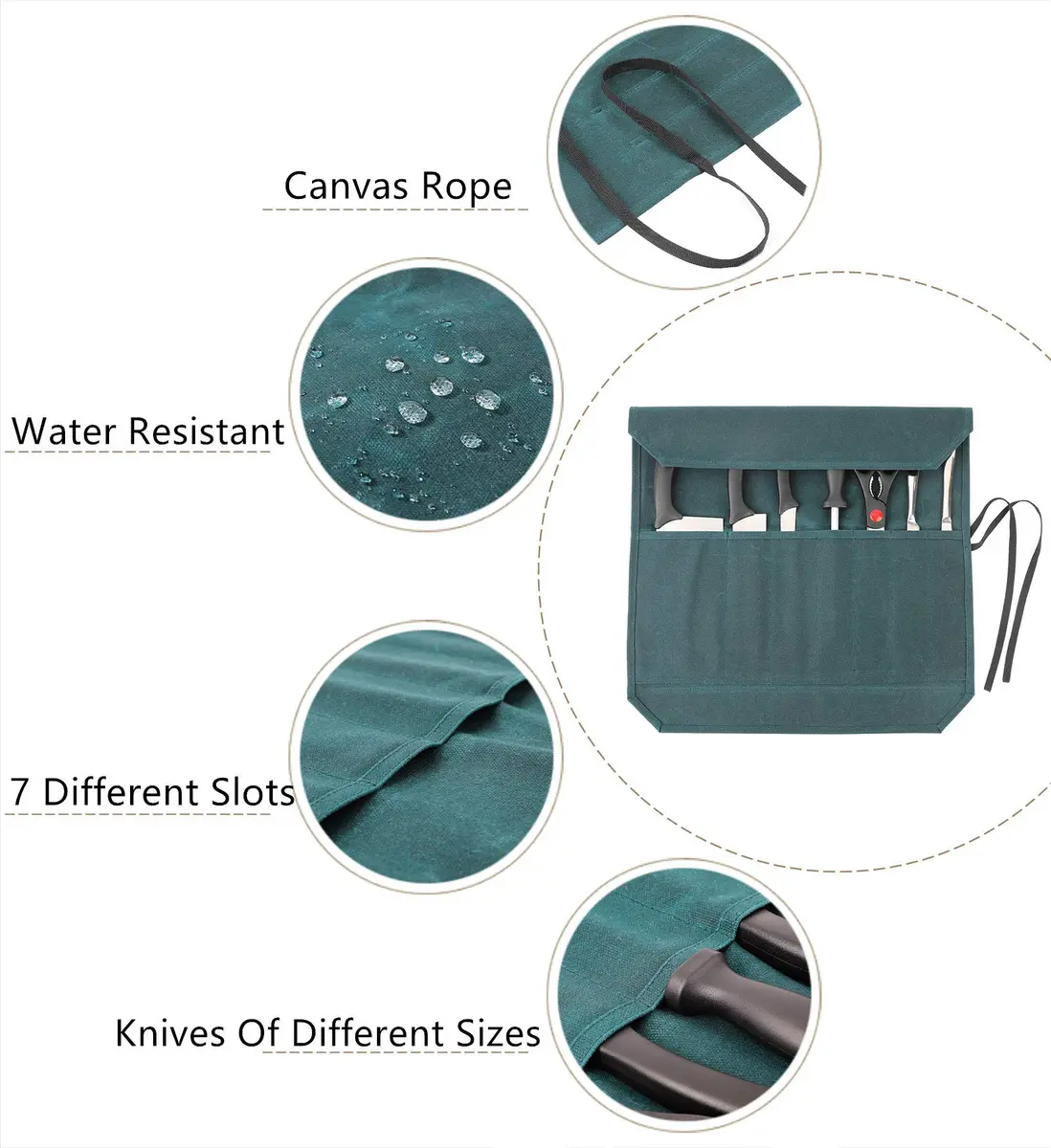 Denifiter Heavy Duty Waxed Canvas Chef Knife Roll Bag with 7 Slots & 17" Capacity | Waterproof & Durable Dark Green - view 3