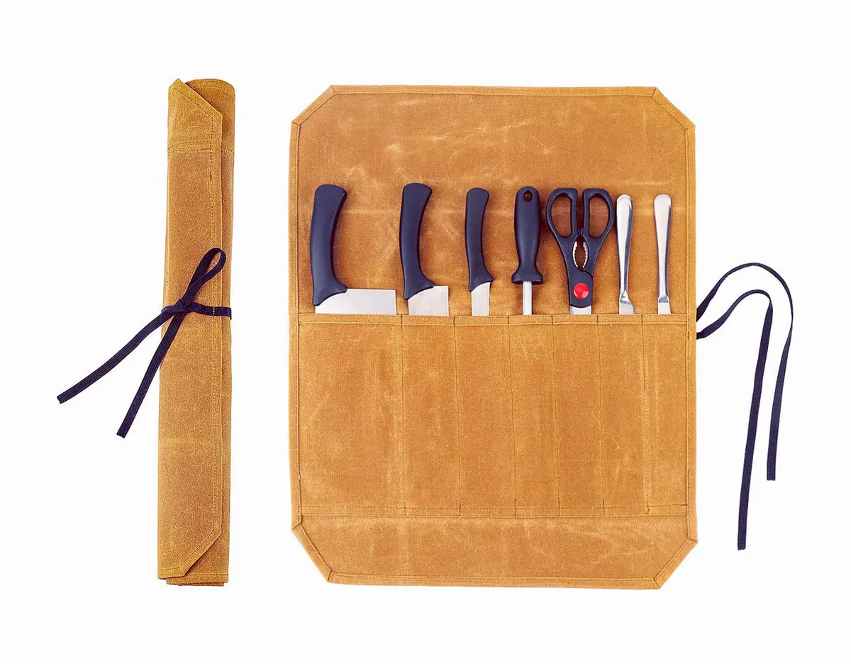 Denifiter Waxed Canvas Knife Roll Bag - 7 Pockets, 55cm x 44cm Khaki | Durable & Water-Resistant for Chefs - main product image