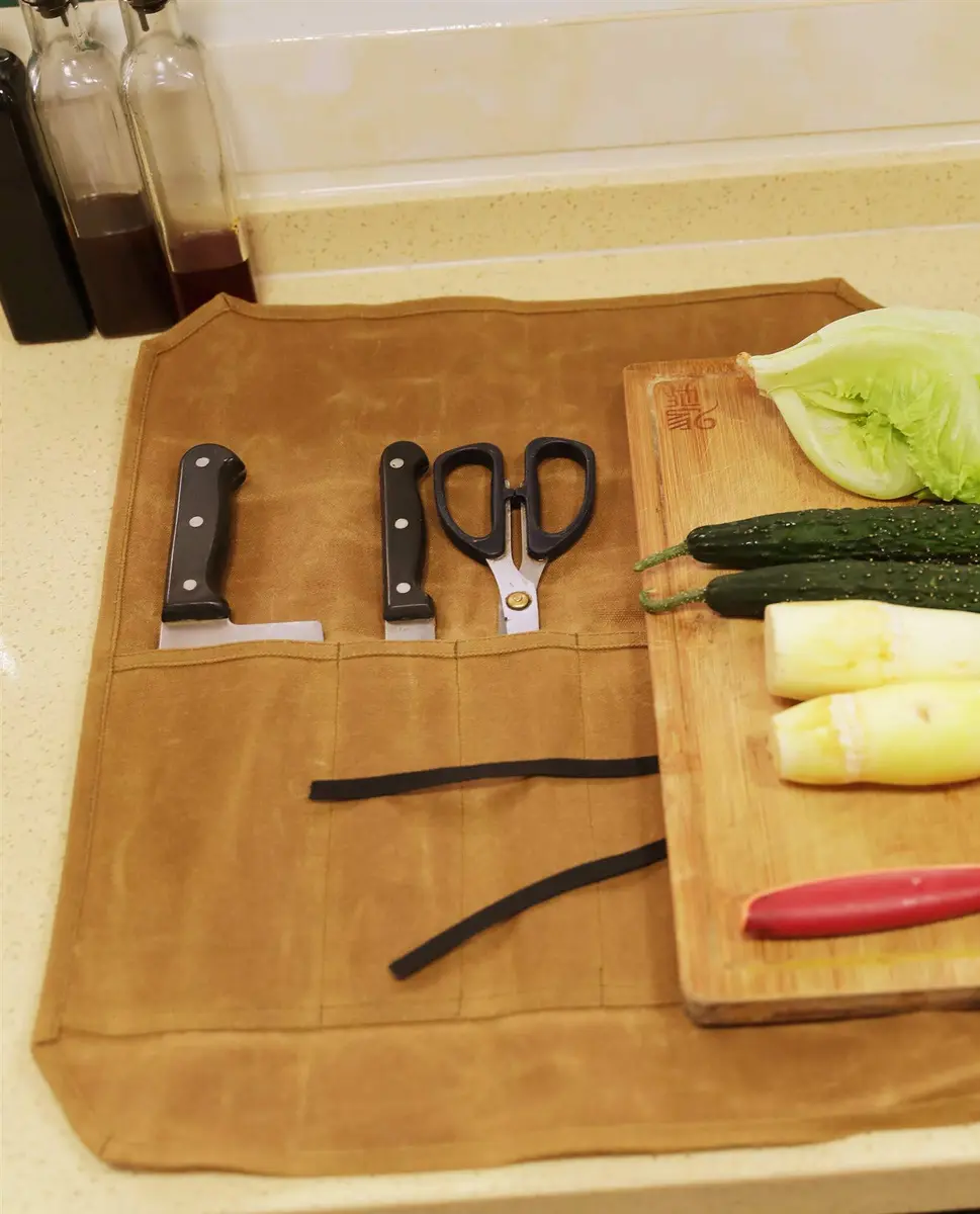 Denifiter Waxed Canvas Knife Roll Bag - 7 Pockets, 55cm x 44cm Khaki | Durable & Water-Resistant for Chefs - view 5