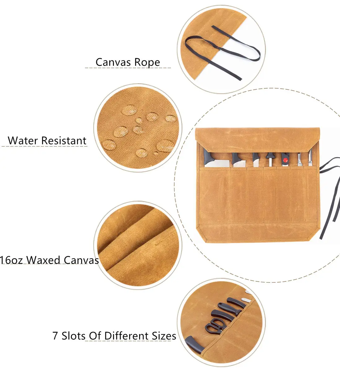 Denifiter Waxed Canvas Knife Roll Bag - 7 Pockets, 55cm x 44cm Khaki | Durable & Water-Resistant for Chefs - view 3