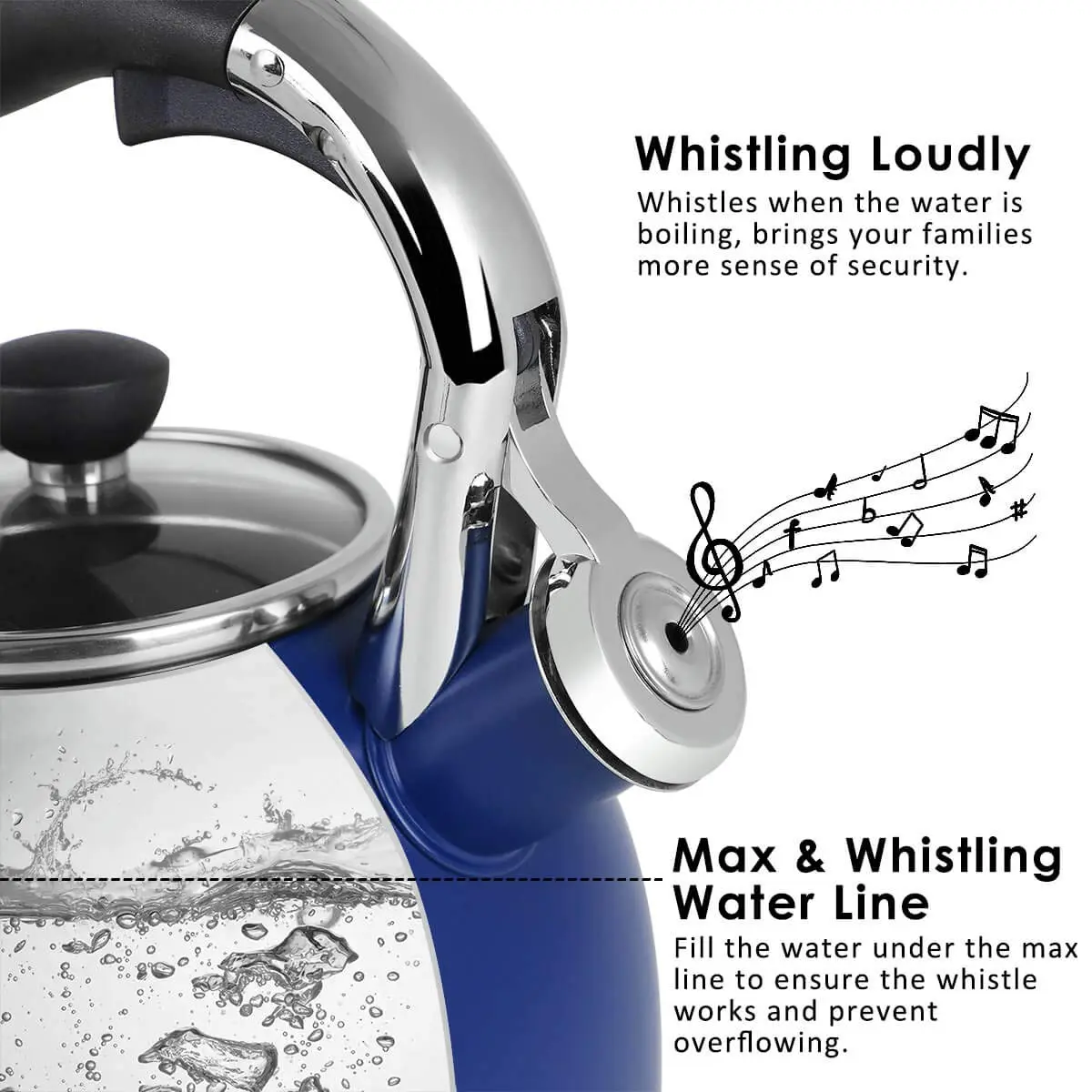 Rorence Whistling Tea Kettle for Stove Top 2.6QT (2.5L) Stainless Steel Navy Blue | Heats Water Fast - view 2